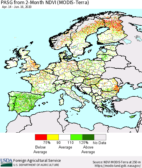 Europe PASG from 2-Month NDVI (Terra-MODIS) Thematic Map For 6/11/2020 - 6/20/2020