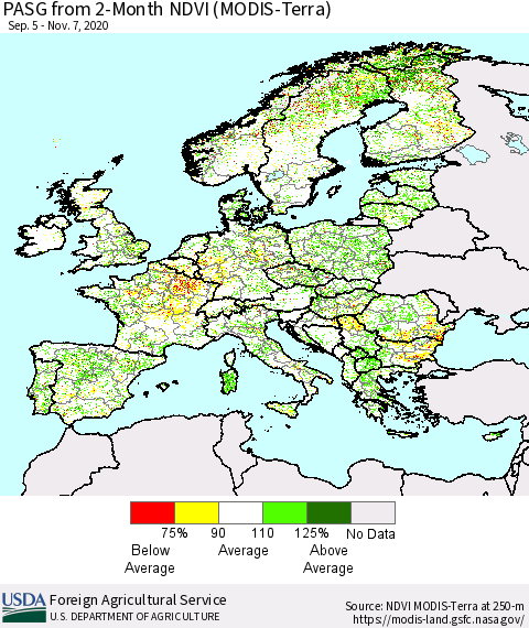 Europe PASG from 2-Month NDVI (Terra-MODIS) Thematic Map For 11/1/2020 - 11/10/2020