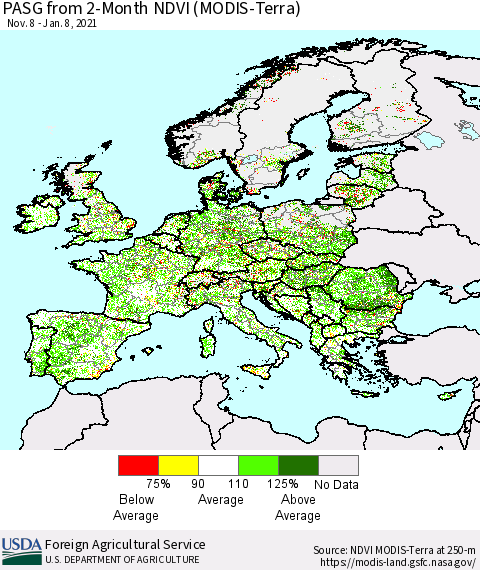 Europe PASG from 2-Month NDVI (Terra-MODIS) Thematic Map For 1/1/2021 - 1/10/2021