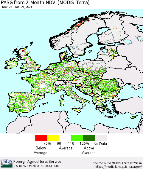 Europe PASG from 2-Month NDVI (Terra-MODIS) Thematic Map For 1/21/2021 - 1/31/2021