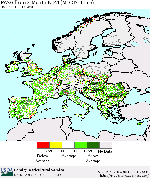 Europe PASG from 2-Month NDVI (Terra-MODIS) Thematic Map For 2/11/2021 - 2/20/2021