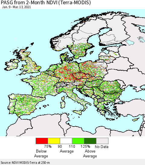 Europe PASG from 2-Month NDVI (Terra-MODIS) Thematic Map For 3/6/2021 - 3/13/2021