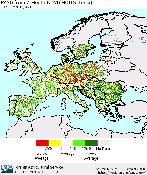 Europe PASG from 2-Month NDVI (Terra-MODIS) Thematic Map For 3/11/2021 - 3/20/2021