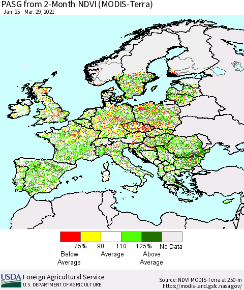 Europe PASG from 2-Month NDVI (Terra-MODIS) Thematic Map For 3/21/2021 - 3/31/2021