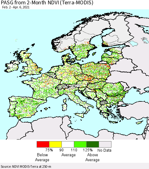 Europe PASG from 2-Month NDVI (Terra-MODIS) Thematic Map For 3/30/2021 - 4/6/2021