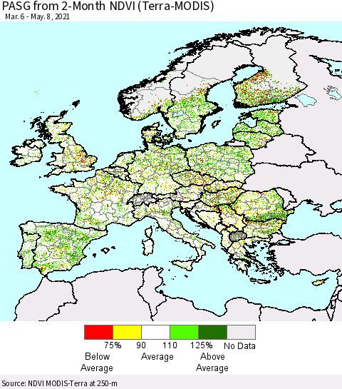 Europe PASG from 2-Month NDVI (Terra-MODIS) Thematic Map For 5/1/2021 - 5/8/2021