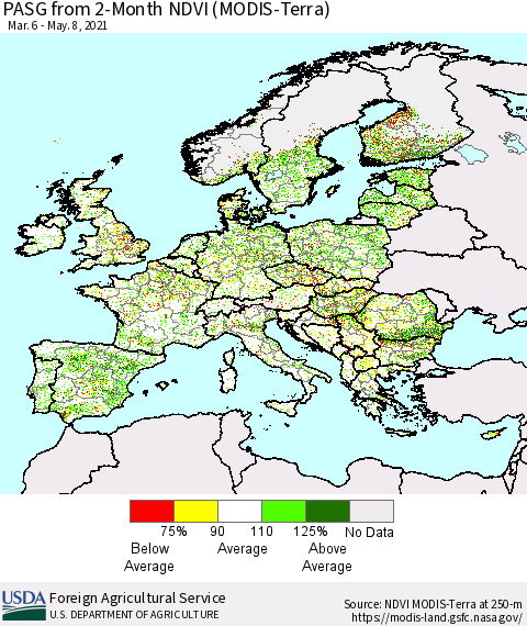 Europe PASG from 2-Month NDVI (Terra-MODIS) Thematic Map For 5/1/2021 - 5/10/2021