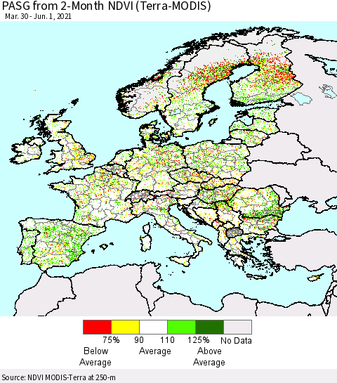 Europe PASG from 2-Month NDVI (Terra-MODIS) Thematic Map For 5/25/2021 - 6/1/2021
