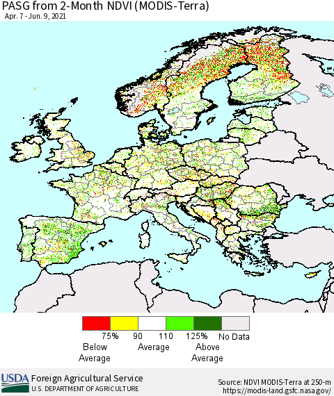 Europe PASG from 2-Month NDVI (Terra-MODIS) Thematic Map For 6/1/2021 - 6/10/2021