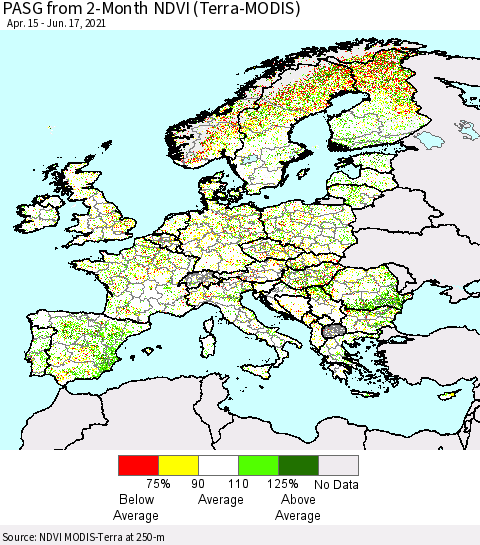 Europe PASG from 2-Month NDVI (Terra-MODIS) Thematic Map For 6/10/2021 - 6/17/2021