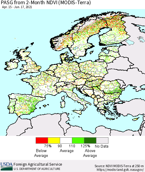 Europe PASG from 2-Month NDVI (Terra-MODIS) Thematic Map For 6/11/2021 - 6/20/2021