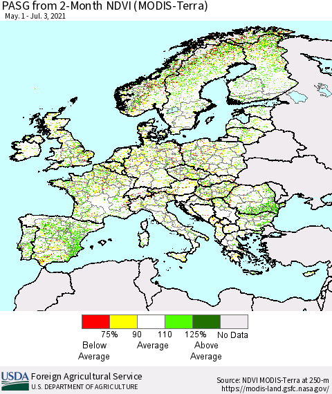 Europe PASG from 2-Month NDVI (Terra-MODIS) Thematic Map For 7/1/2021 - 7/10/2021