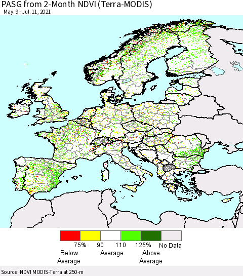 Europe PASG from 2-Month NDVI (Terra-MODIS) Thematic Map For 7/4/2021 - 7/11/2021