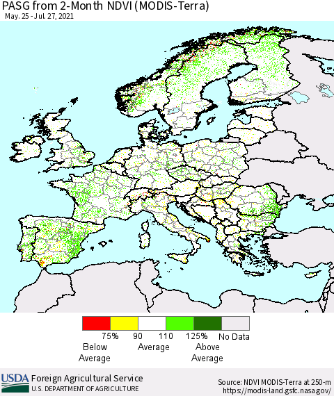 Europe PASG from 2-Month NDVI (Terra-MODIS) Thematic Map For 7/21/2021 - 7/31/2021
