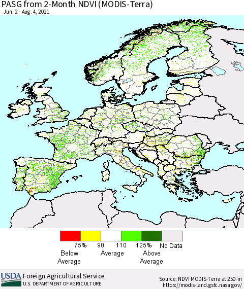 Europe PASG from 2-Month NDVI (Terra-MODIS) Thematic Map For 8/1/2021 - 8/10/2021