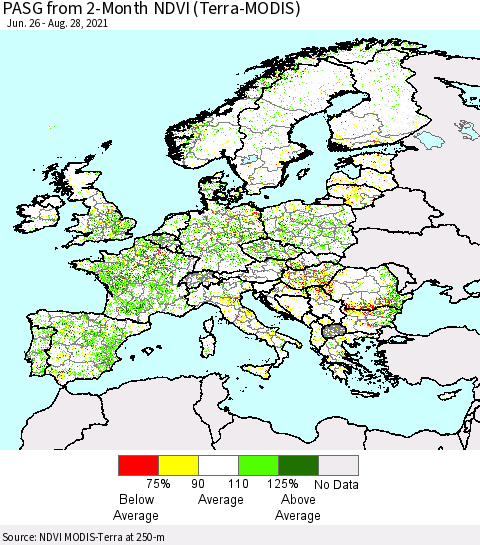 Europe PASG from 2-Month NDVI (Terra-MODIS) Thematic Map For 8/21/2021 - 8/28/2021