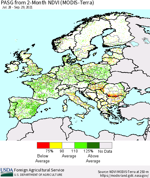 Europe PASG from 2-Month NDVI (Terra-MODIS) Thematic Map For 9/21/2021 - 9/30/2021