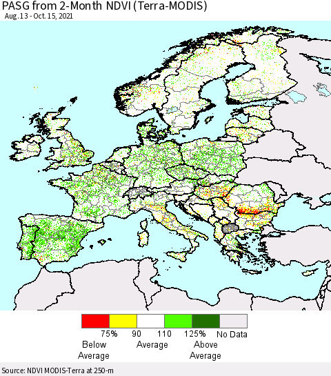 Europe PASG from 2-Month NDVI (Terra-MODIS) Thematic Map For 10/8/2021 - 10/15/2021