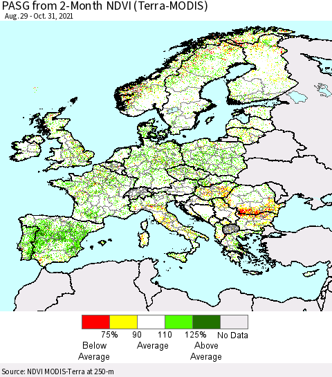 Europe PASG from 2-Month NDVI (Terra-MODIS) Thematic Map For 10/21/2021 - 10/31/2021