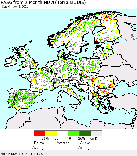 Europe PASG from 2-Month NDVI (Terra-MODIS) Thematic Map For 11/1/2021 - 11/8/2021