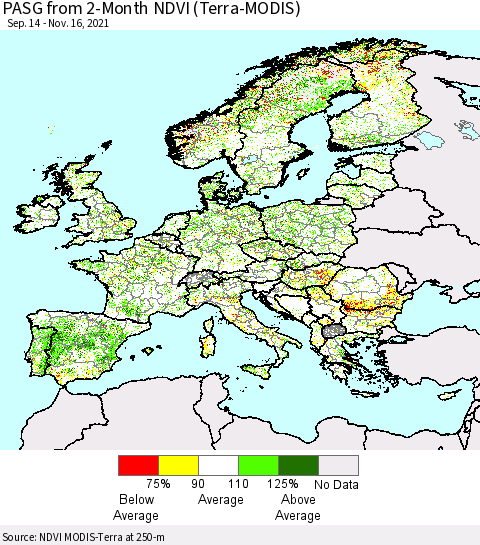Europe PASG from 2-Month NDVI (Terra-MODIS) Thematic Map For 11/9/2021 - 11/16/2021