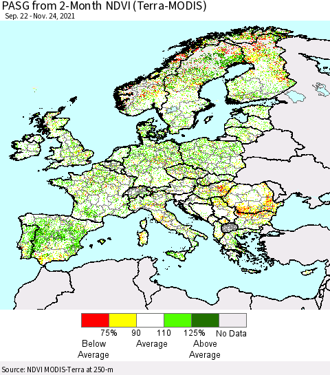 Europe PASG from 2-Month NDVI (Terra-MODIS) Thematic Map For 11/17/2021 - 11/24/2021