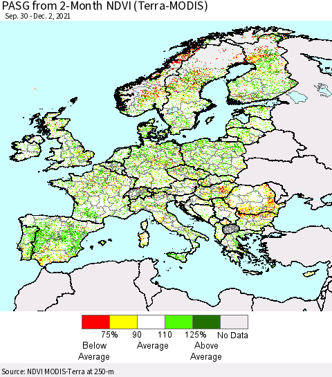 Europe PASG from 2-Month NDVI (Terra-MODIS) Thematic Map For 11/25/2021 - 12/2/2021
