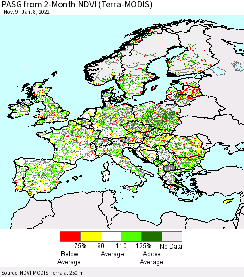 Europe PASG from 2-Month NDVI (Terra-MODIS) Thematic Map For 1/1/2022 - 1/8/2022