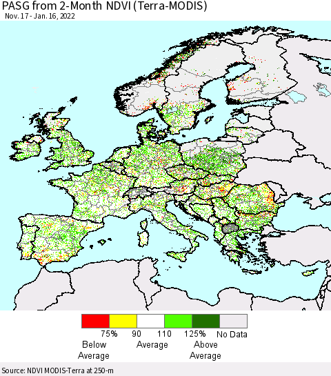 Europe PASG from 2-Month NDVI (Terra-MODIS) Thematic Map For 1/9/2022 - 1/16/2022
