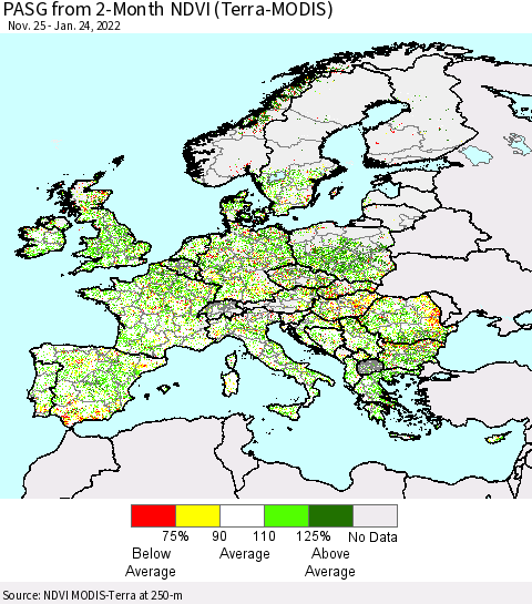 Europe PASG from 2-Month NDVI (Terra-MODIS) Thematic Map For 1/17/2022 - 1/24/2022
