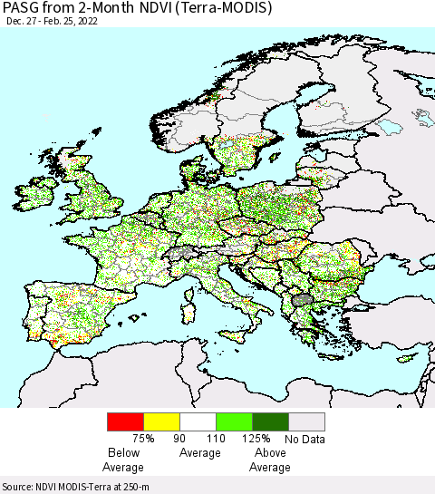 Europe PASG from 2-Month NDVI (Terra-MODIS) Thematic Map For 2/18/2022 - 2/25/2022