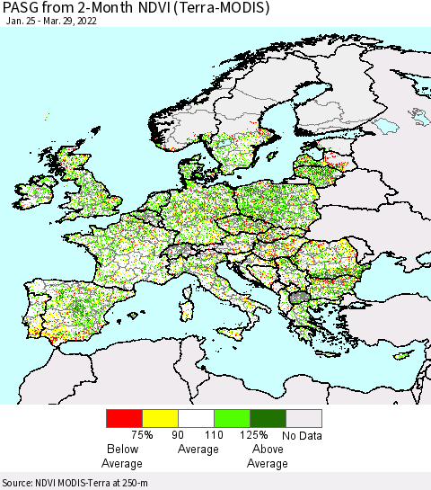 Europe PASG from 2-Month NDVI (Terra-MODIS) Thematic Map For 3/22/2022 - 3/29/2022