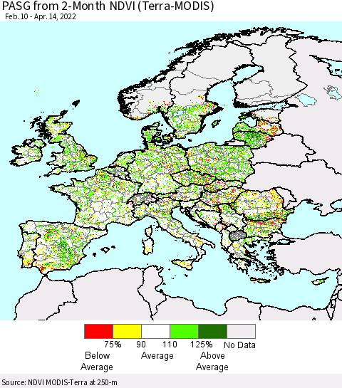 Europe PASG from 2-Month NDVI (Terra-MODIS) Thematic Map For 4/7/2022 - 4/14/2022