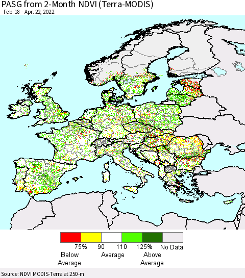 Europe PASG from 2-Month NDVI (Terra-MODIS) Thematic Map For 4/15/2022 - 4/22/2022