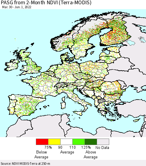 Europe PASG from 2-Month NDVI (Terra-MODIS) Thematic Map For 5/25/2022 - 6/1/2022