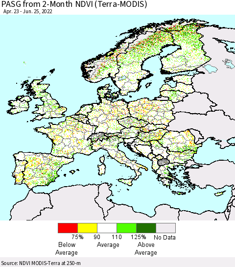 Europe PASG from 2-Month NDVI (Terra-MODIS) Thematic Map For 6/18/2022 - 6/25/2022