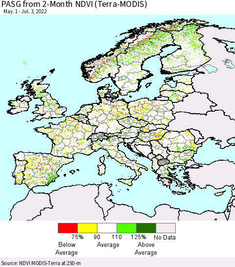 Europe PASG from 2-Month NDVI (Terra-MODIS) Thematic Map For 6/26/2022 - 7/3/2022