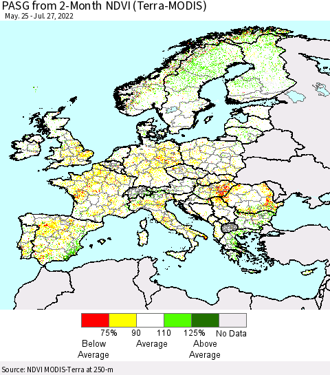 Europe PASG from 2-Month NDVI (Terra-MODIS) Thematic Map For 7/20/2022 - 7/27/2022