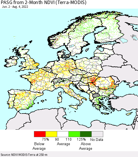 Europe PASG from 2-Month NDVI (Terra-MODIS) Thematic Map For 7/28/2022 - 8/4/2022