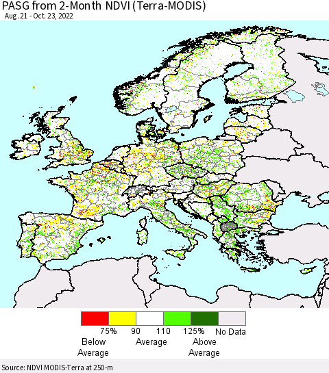 Europe PASG from 2-Month NDVI (Terra-MODIS) Thematic Map For 10/16/2022 - 10/23/2022