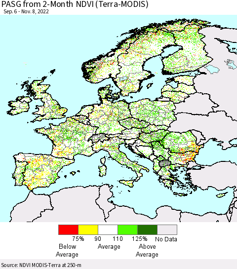Europe PASG from 2-Month NDVI (Terra-MODIS) Thematic Map For 11/1/2022 - 11/8/2022