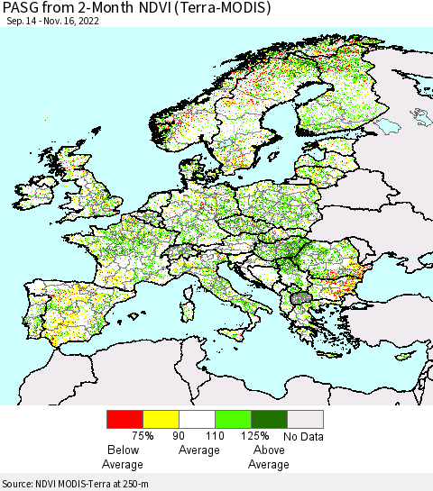 Europe PASG from 2-Month NDVI (Terra-MODIS) Thematic Map For 11/9/2022 - 11/16/2022