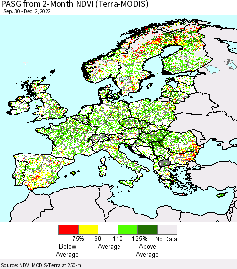 Europe PASG from 2-Month NDVI (Terra-MODIS) Thematic Map For 11/25/2022 - 12/2/2022