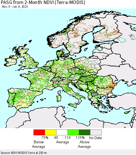 Europe PASG from 2-Month NDVI (Terra-MODIS) Thematic Map For 1/1/2023 - 1/8/2023