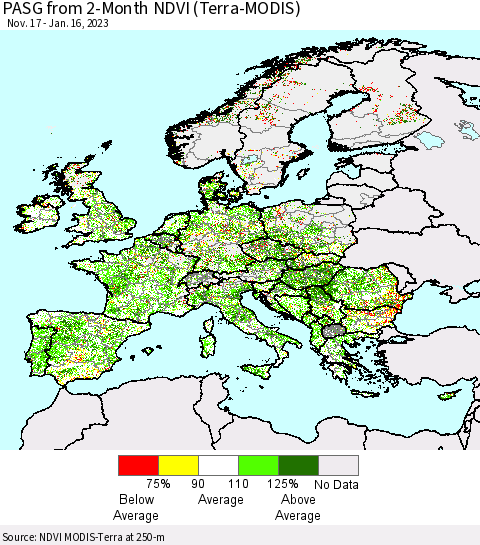 Europe PASG from 2-Month NDVI (Terra-MODIS) Thematic Map For 1/9/2023 - 1/16/2023