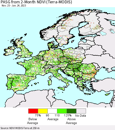 Europe PASG from 2-Month NDVI (Terra-MODIS) Thematic Map For 1/17/2023 - 1/24/2023
