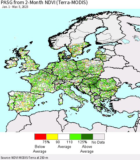 Europe PASG from 2-Month NDVI (Terra-MODIS) Thematic Map For 2/26/2023 - 3/5/2023