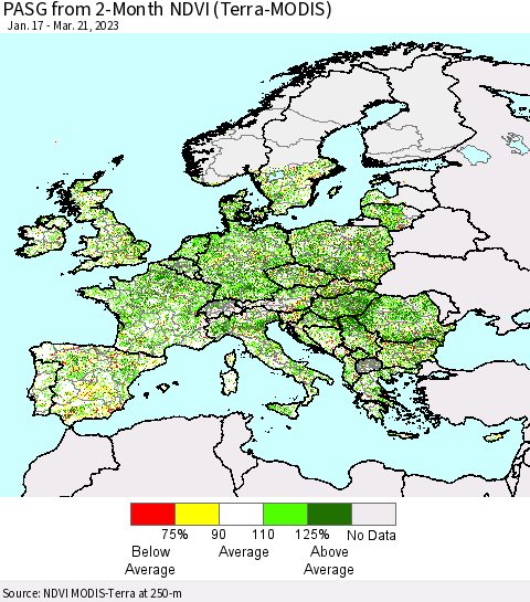 Europe PASG from 2-Month NDVI (Terra-MODIS) Thematic Map For 3/14/2023 - 3/21/2023