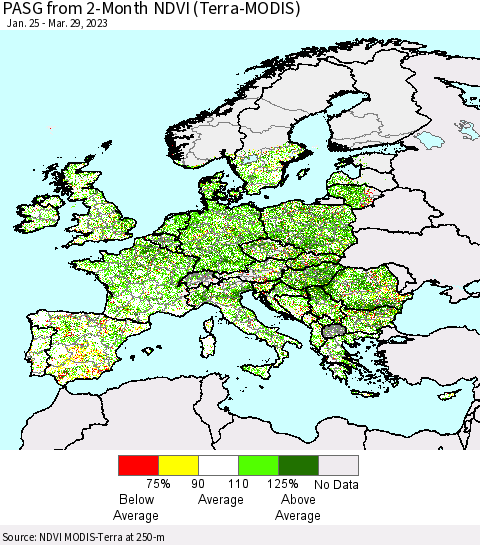 Europe PASG from 2-Month NDVI (Terra-MODIS) Thematic Map For 3/22/2023 - 3/29/2023