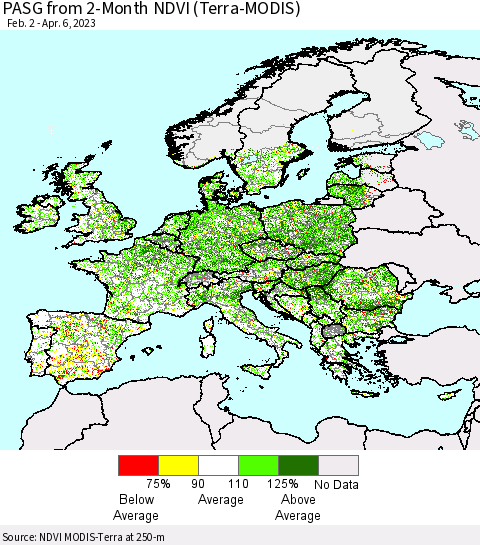 Europe PASG from 2-Month NDVI (Terra-MODIS) Thematic Map For 3/30/2023 - 4/6/2023